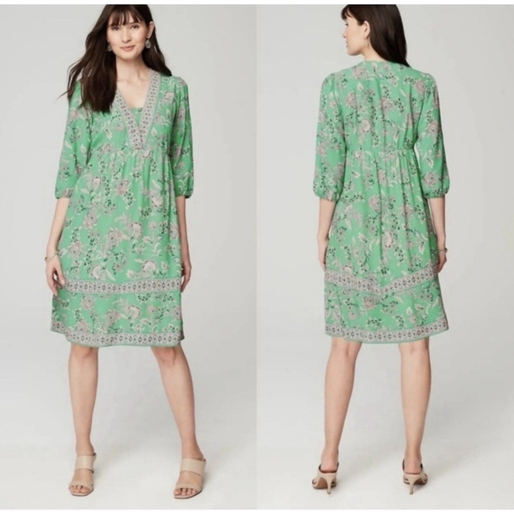 J.Jill L Tall Border Print Dress Flounced Hem 3/4 Slv Green Pink Floral Pockets